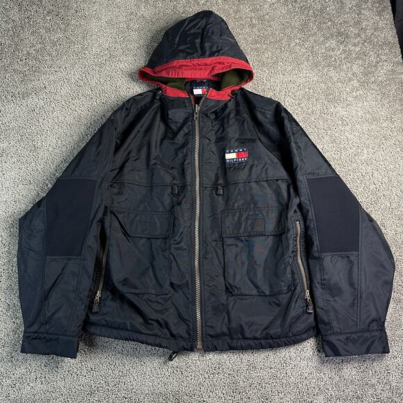 VINTAGE 90s Tommy Hilfiger Outdoors Rain Jacket Mens L Black Utility Expedition - Picture 2 of 9